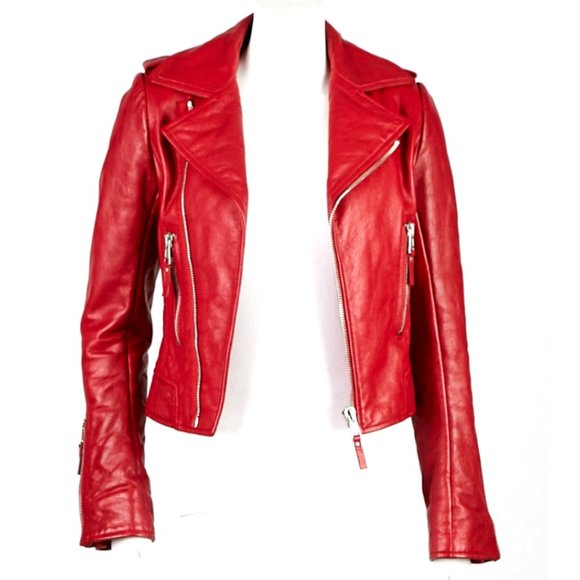 Balenciaga Designer Luxury Red Leather Moto Jacket- Small - Picture 11 of 15